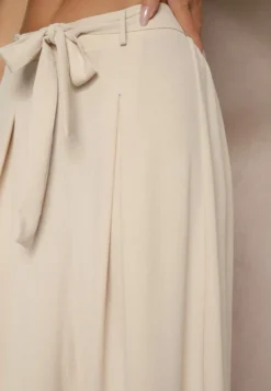 Beżowe Spodnie z Bawełną o Szerokim Kroju High Waist z Paskiem Iveleldi