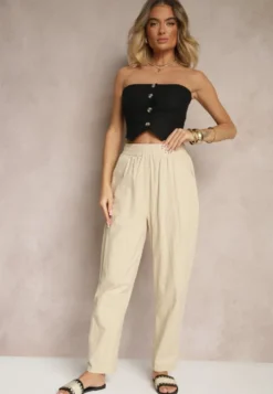 Beżowe Spodnie z Bawełny High Waist Sonirea