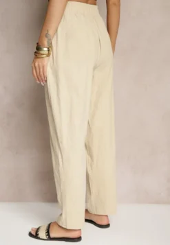 Beżowe Spodnie z Bawełny High Waist Sonirea