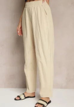 Beżowe Spodnie z Bawełny High Waist Sonirea