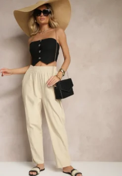 Beżowe Spodnie z Bawełny High Waist Sonirea