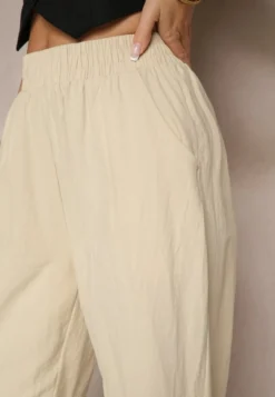 Beżowe Spodnie z Bawełny High Waist Sonirea