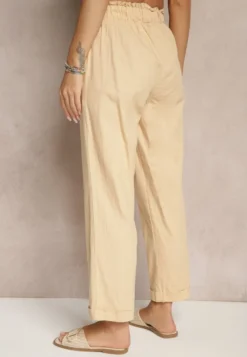 Beżowe Spodnie z Bawełny High Waist z Wiązaniem Tyswia