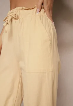 Beżowe Spodnie z Bawełny High Waist z Wiązaniem Tyswia
