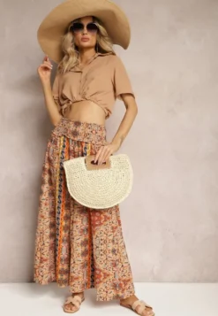 Beżowe Spodnie z Szerokimi Nogawkami Palazzo High Waist z Gumką w Talii Fiesa