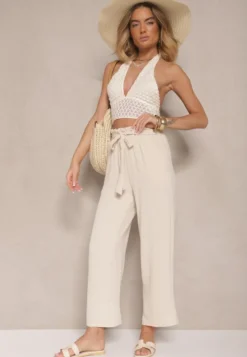 Beżowe Spodnie z Wiskozą o Szerokim Kroju High Waist z Wiązaniem Ivelwia