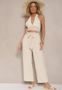 Beżowe Spodnie z Wiskozą o Szerokim Kroju High Waist z Wiązaniem Ivelwia
