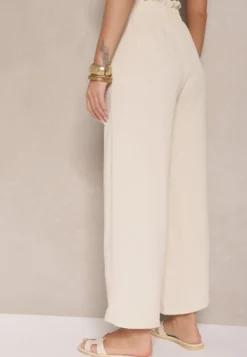 Beżowe Spodnie z Wiskozą o Szerokim Kroju High Waist z Wiązaniem Ivelwia