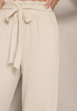 Beżowe Spodnie z Wiskozą o Szerokim Kroju High Waist z Wiązaniem Ivelwia