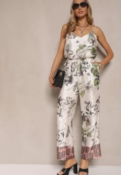 Beżowe Spodnie z Wiskozą o Szerokim Kroju High Waist w Kwiaty Davilsa