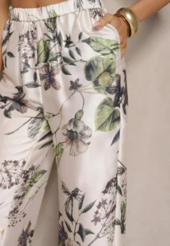 Beżowe Spodnie z Wiskozą o Szerokim Kroju High Waist w Kwiaty Davilsa