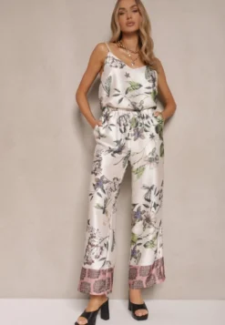 Beżowe Spodnie z Wiskozą o Szerokim Kroju High Waist w Kwiaty Davilsa