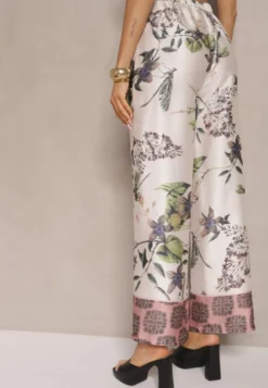 Beżowe Spodnie z Wiskozą o Szerokim Kroju High Waist w Kwiaty Davilsa