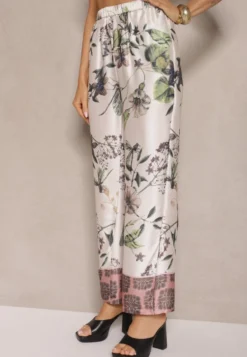 Beżowe Spodnie z Wiskozą o Szerokim Kroju High Waist w Kwiaty Davilsa