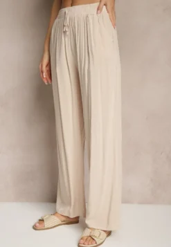 Beżowe Spodnie z Wiskozy High Waist o Szerokim Kroju Avelozi