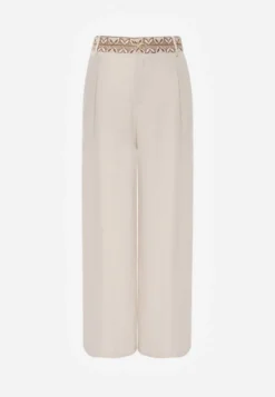 Beżowe Spodnie z Wiskozy High Waist Ozdobione Geometrycznym Motywem Iomane