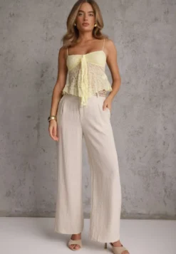 Beżowe Spodnie z Wiskozy High Waist Ozdobione Geometrycznym Motywem Iomane