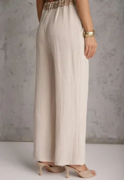 Beżowe Spodnie z Wiskozy High Waist Ozdobione Geometrycznym Motywem Iomane