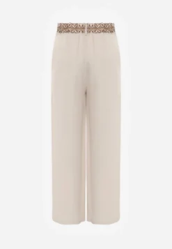 Beżowe Spodnie z Wiskozy High Waist Ozdobione Geometrycznym Motywem Iomane