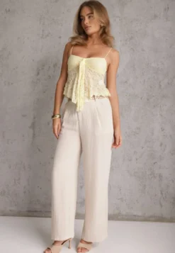 Beżowe Spodnie z Wiskozy High Waist Ozdobione Geometrycznym Motywem Iomane