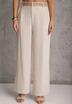 Beżowe Spodnie z Wiskozy High Waist Ozdobione Geometrycznym Motywem Iomane
