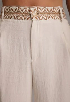 Beżowe Spodnie z Wiskozy High Waist Ozdobione Geometrycznym Motywem Iomane