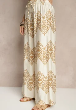 Beżowe Spodnie z Wiskozy o Szerokim Kroju High Waist ze Wzorem Boho Neolissea