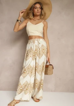 Beżowe Spodnie z Wiskozy o Szerokim Kroju High Waist ze Wzorem Boho Neolissea
