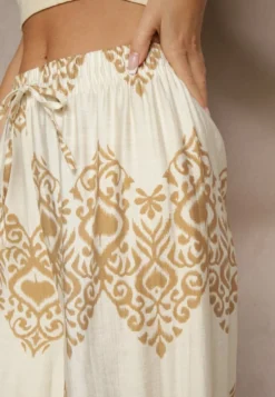 Beżowe Spodnie z Wiskozy o Szerokim Kroju High Waist ze Wzorem Boho Neolissea