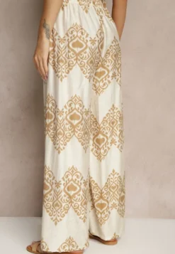 Beżowe Spodnie z Wiskozy o Szerokim Kroju High Waist ze Wzorem Boho Neolissea