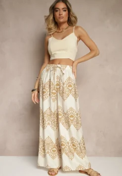 Beżowe Spodnie z Wiskozy o Szerokim Kroju High Waist ze Wzorem Boho Neolissea