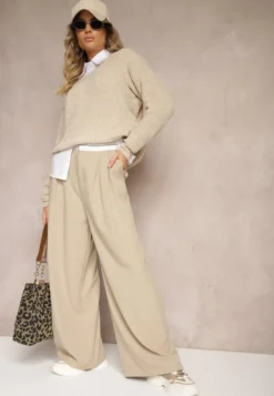 Beżowe Spodnie z Wiskozy Palazzo High Waist Zapinane na Suwak Nellieva