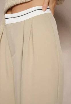 Beżowe Spodnie z Wiskozy Palazzo High Waist Zapinane na Suwak Nellieva