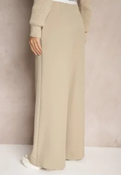 Beżowe Spodnie z Wiskozy Palazzo High Waist Zapinane na Suwak Nellieva