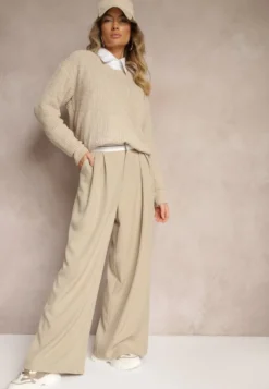Beżowe Spodnie z Wiskozy Palazzo High Waist Zapinane na Suwak Nellieva