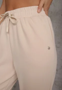 Beżowe Sportowe Spodnie Typu Jogger High Waist ze Ściągaczem w Talii Isirona