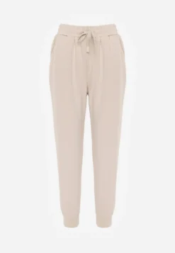 Beżowe Sportowe Spodnie Typu Jogger High Waist ze Ściągaczem w Talii Isirona