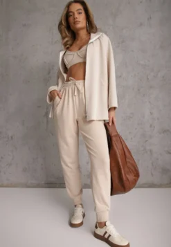 Beżowe Sportowe Spodnie Typu Jogger High Waist ze Ściągaczem w Talii Isirona