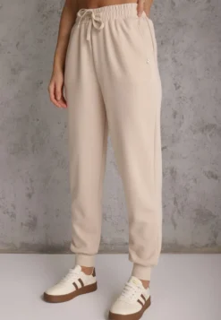 Beżowe Sportowe Spodnie Typu Jogger High Waist ze Ściągaczem w Talii Isirona