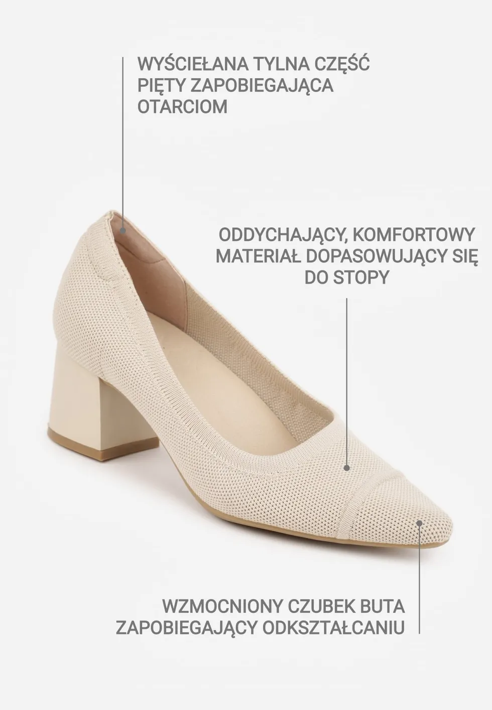 Beżowe Strukturalne Czółenka VICES na Słupkowym Obcasie z Wkładką Soft-Pillow Abathise