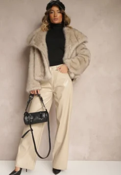 Beżowe Szerokie Spodnie High Waist z Imitacji Skóry Enawinn