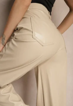 Beżowe Szerokie Spodnie High Waist z Imitacji Skóry Enawinn