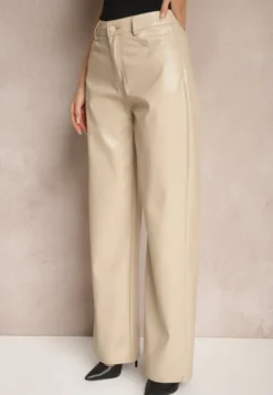 Beżowe Szerokie Spodnie High Waist z Imitacji Skóry Enawinn