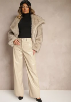 Beżowe Szerokie Spodnie High Waist z Imitacji Skóry Enawinn