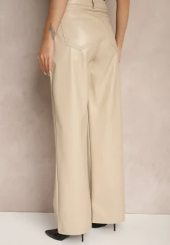 Beżowe Szerokie Spodnie High Waist z Imitacji Skóry Enawinn