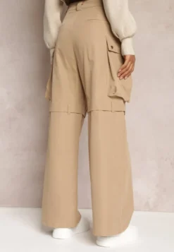 Beżowe Szerokie Spodnie High Waist w Stylu Cargo Vomisal