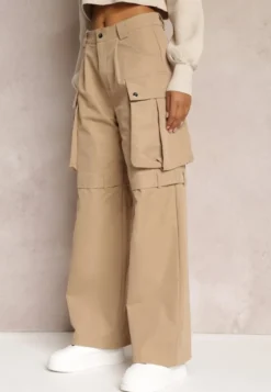 Beżowe Szerokie Spodnie High Waist w Stylu Cargo Vomisal