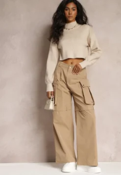 Beżowe Szerokie Spodnie High Waist w Stylu Cargo Vomisal