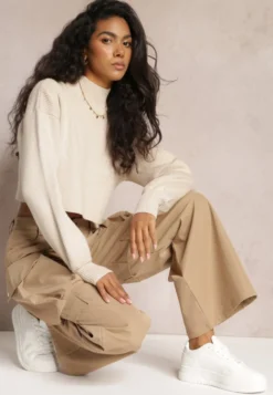 Beżowe Szerokie Spodnie High Waist w Stylu Cargo Vomisal