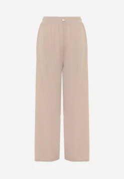 Beżowe Szerokie Spodnie High Waist z Prążkowanej Tkaniny z Ozdobnym Guzikiem Dalifa